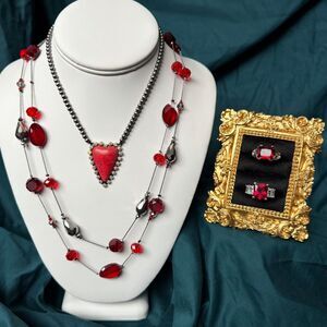 Bright Red Jewelry Lot Vintage Estate Necklaces & Rings Valentines Day Gifts